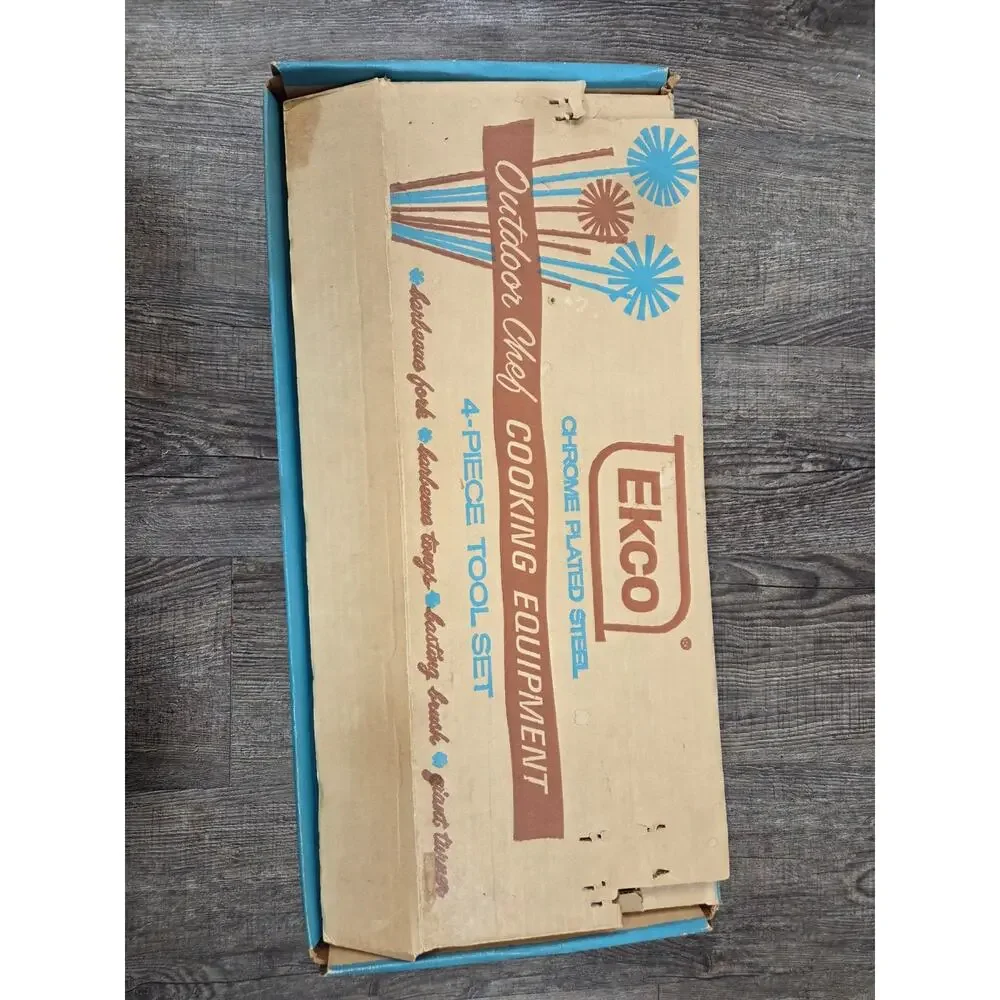 Vintage Ekco Barbecue 4 Pc Tool Set New In Box Fork Brush Turner Wood Handles